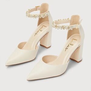 Lulus Yossy Ivory Rhinestone Pointed-Toe Ankle Strap Pumps Women’s Size 7.5